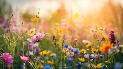 Idyllic summer meadow full of colorful flowers.