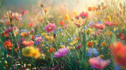 Idyllic summer meadow full of colorful flowers.