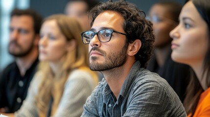 In a classroom, a man with glasses sits among peers, all engaged in a presentation happening at the front.