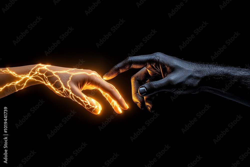 Aufkleber Hyper-realistic image of two hands, one glowing with light and the other dark and shadowed, reaching towards each other but not quite touching, representing dualism