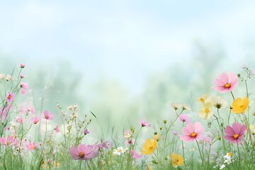 Obraz premium Soft Pastel Hued Sketch of a Wildflower Dotted Meadow Conveys Timeless Tranquility