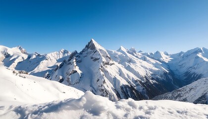A breathtaking winter panorama of the snow-capped Swiss Alps, their majestic peaks piercing a clear blue sky