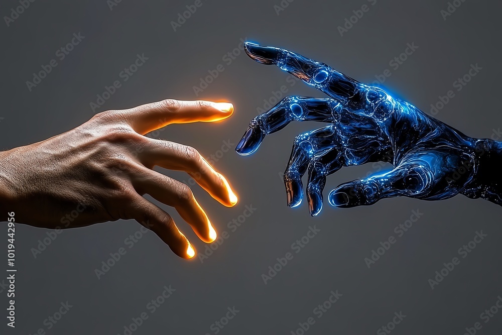 Aufkleber Hyper-realistic image of two hands, one glowing with light and the other dark and shadowed, reaching towards each other but not quite touching, representing dualism
