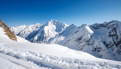 A breathtaking winter panorama of the snow-capped Swiss Alps, their majestic peaks piercing a clear blue sky
