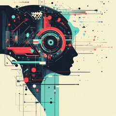 Obraz premium An abstract illustration of a human head with circuit boards and gears.
