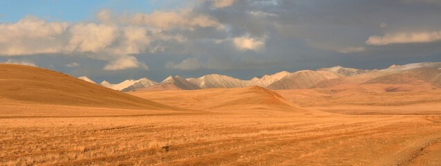 Panoramic shot of a hilly yellowed steppe against the backdrop of snow-capped mountain peaks on a sunny autumn evening before sunset.