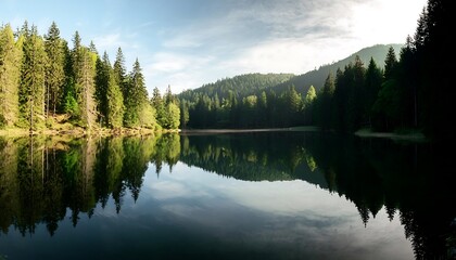 Fototapeta premium A crystal-clear lake reflects lush green trees in a tranquil summer forest landscape