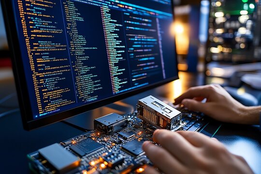 Minimalist abstract of a computer screen with code and a disassembled electronic device, capturing the essence of reverse engineering in software and hardware