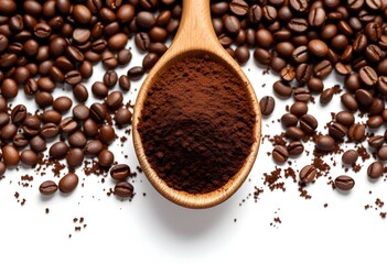 Obraz premium coffee beans on spoon on white table top view