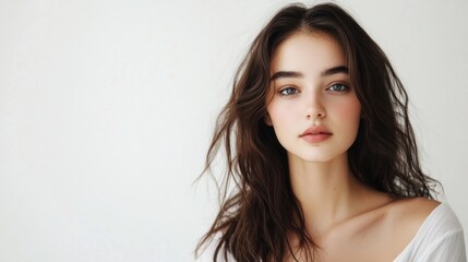 Naklejka premium Close-Up Portrait of a Young Woman with Long Brown Hair