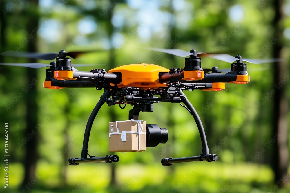 Poster Minimalist abstract of a drone with a package, representing tomorrowâ€™s logistical solutions in a simple, clean design