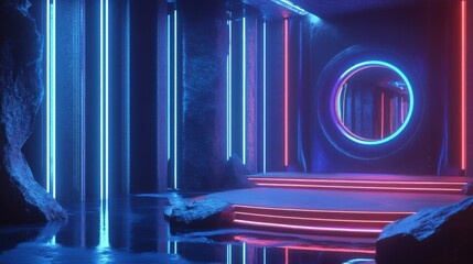 Fototapeta premium Blue aesthetic with neon lights, retro-futuristic style,