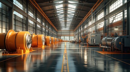 Fototapeta premium Industrial facility with large machinery and bright lighting.