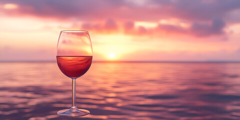 Glass of Rose Wine Against Sunset Over Ocean