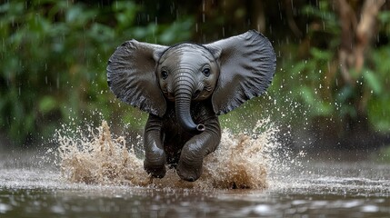 Fototapeta premium A Baby Elephant Runs Through a Puddle in the Rain