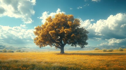 A solitary tree stands in a vibrant yellow flower field under blue skies.