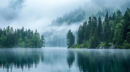 Misty Mountain Lake - Serene Forest Reflection Landscape