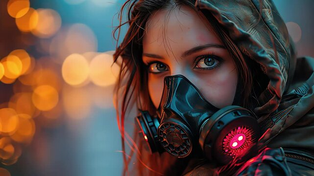 outdoor portrait of young woman with gas mask. Created with Generative AI.	