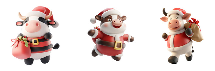 PNG 3d icons and objects collection Festive cartoon cows in Santa outfits, joyfully celebrating Christmas, on transparent, white background, isolate