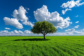 A peaceful scene of a single tree standing alone in a vast field, symbolizing the monistic idea of oneness and unity in nature