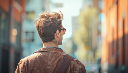 Fototapeta premium Back View of Man Walking in City Street Wearing Sunglasses and Brown Leather Jacket ? Lifestyle and Urban Environment