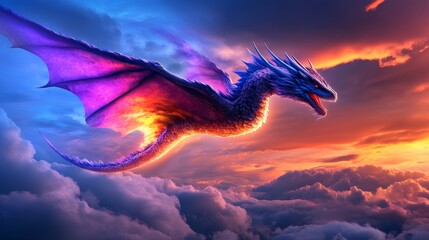 Majestic Blue Dragon Flying Above Clouds at Sunset