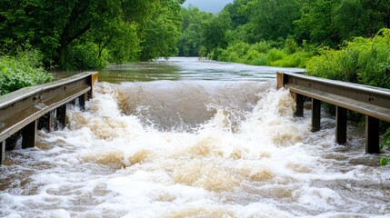 Flooded Road with Guardrails and Fast Flowing Water