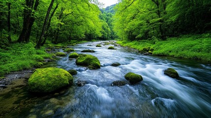 Obraz premium Flowing River Through Lush Green Forest Landscape