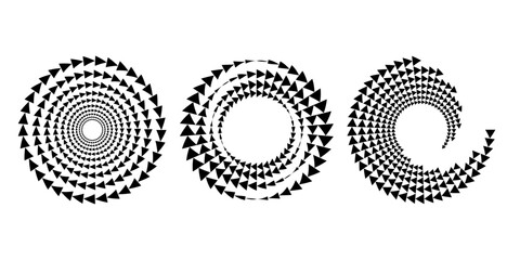 Set of black triangles in vortex form. Geometric art. Halftone dots. Trendy design element for logo, tattoo, sign, symbol, web, prints, posters, social media, template, pattern and abstract background