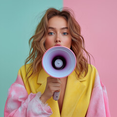 Fototapeta premium woman posing sincere emotions lifestyle concept copy space Screaming in megaphone
