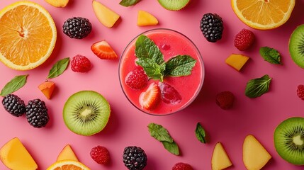 Smoothie. A vibrant smoothie with fresh fruits scattered around, placed on a bright surface, ideal for healthy food or drink advertisements.