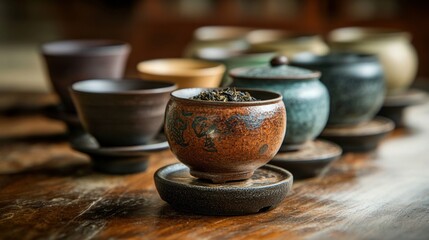 Ceramic Teacups and Tea Leaves on Wooden Tabletop   Traditional Chinese Tea Ceremony