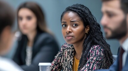 Diverse organizational teams experience microaggressions Including Indian and Sub-Saharan African experts in a tense office meeting