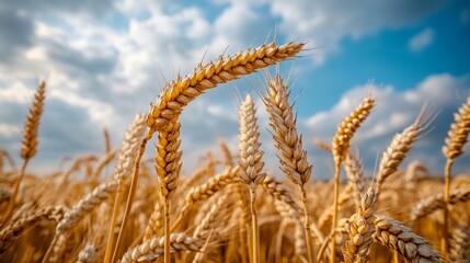 Fototapeta premium Golden Wheat Field Under Blue Sky Rural Agriculture Harvest Landscape
