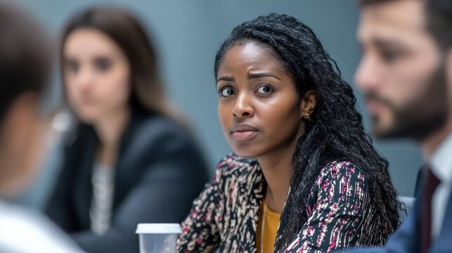 Diverse organizational teams experience microaggressions Including Indian and Sub-Saharan African experts in a tense office meeting