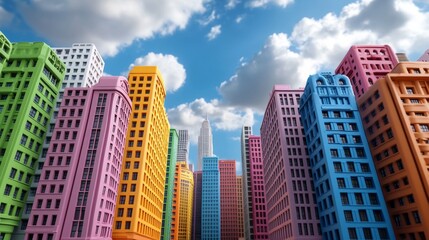 Fototapeta premium Colorful Cityscape Skyline with Vibrant Buildings and Blue Sky
