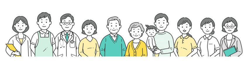 高齢者夫婦と家族と医師と看護師と介護士とケアマネージャー栄養士が集合した上半身イラスト