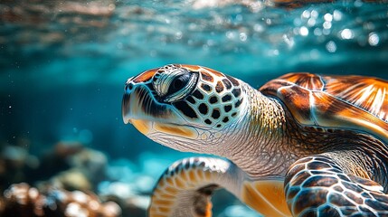 Fototapeta premium Close-up of a Sea Turtle's Head and Shell Underwater
