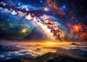 Naklejka premium Vast Cosmic Landscape Featuring Stars, Nebulae, and Galaxies in a Stunning High Resolution Image