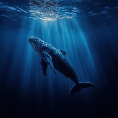 Humpback Whale in Deep Blue: A majestic humpback whale glides gracefully through the depths of the ocean, bathed in ethereal light.  The image evokes a sense of wonder and serenity.