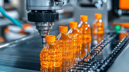 Automated Bottling Line With Orange Liquid And Conveyor Belt
