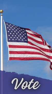 Vote text sign with american flag waving. Animated patriotic video message.