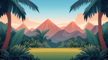 Jurassic era landscape in flat vector style with dense tropical forest and mountains in the background