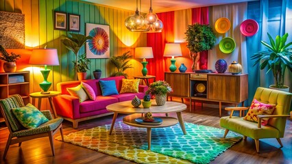 Obraz premium Vibrant 1960s Theme Party Decor with Colorful Accessories, Retro Furniture, and Nostalgic Atmosphere