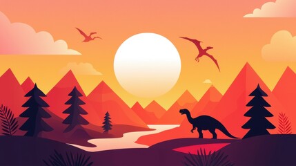 Fototapeta premium Modern flat vector of a Jurassic landscape with cliffs, rivers, and prehistoric plants under a sunset sky