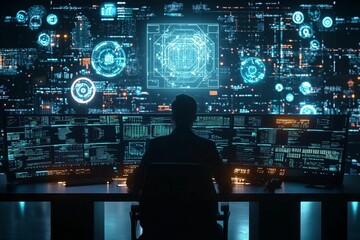 A futuristic control room filled with glowing digital screens