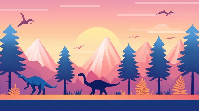 Jurassic era flat landscape with ferns and conifer trees on a mountainous backdrop in a simple 2D vector