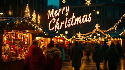 "Merry Christmas" written in a playful font on a backdrop of a bustling Christmas market, with colorful stalls, twinkling lights, and people shopping. The scene is lively and festive.