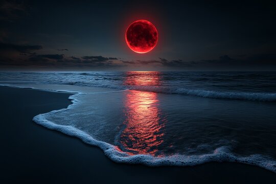 Hyper-realistic image of a red moon hanging above the ocean, with the detailed reflection of the moon&acirc;&euro;&trade;s crimson light shimmering on the water
