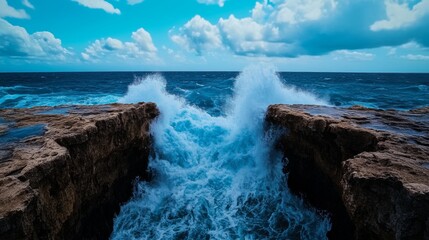 Fototapeta premium Dramatic Ocean Waves Crashing on Rocky Coastline with Blue Sky